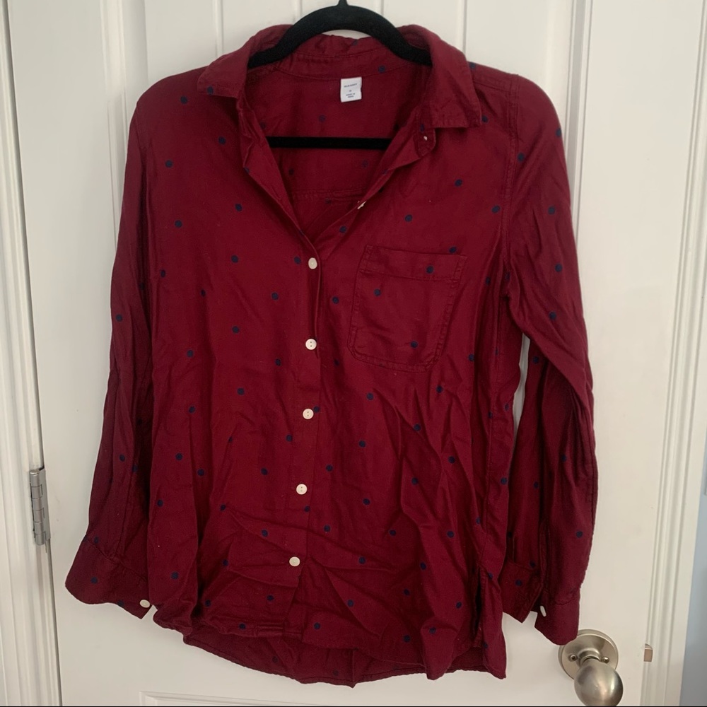 Red button up with black polka dots
